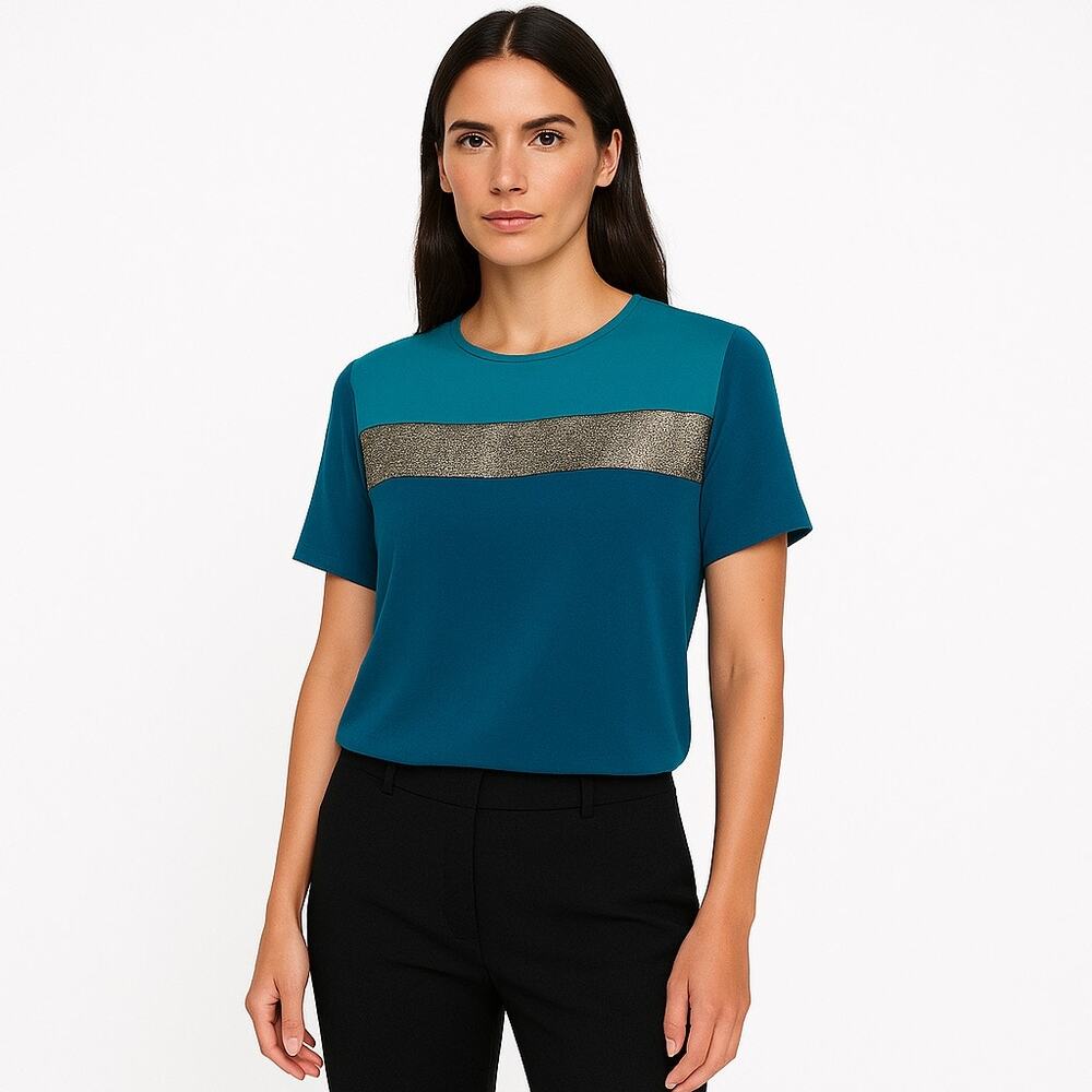 Diane von Furstenberg 100% Silk Blue Metallic Colorblock T Shirt Tee Top Size 8